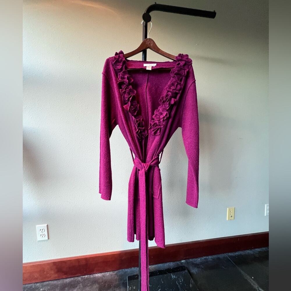 Spiegel 100% wool flowered ruffle trim belted cardigan wrap